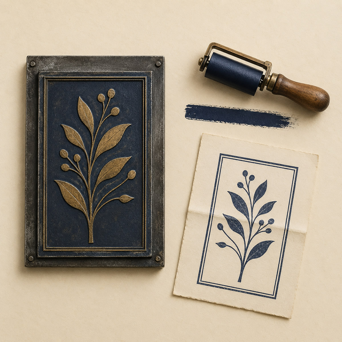A navy and gold etched leaf die beside an inked brayer and the finished letterpress print on deckle-edge cotton paper.