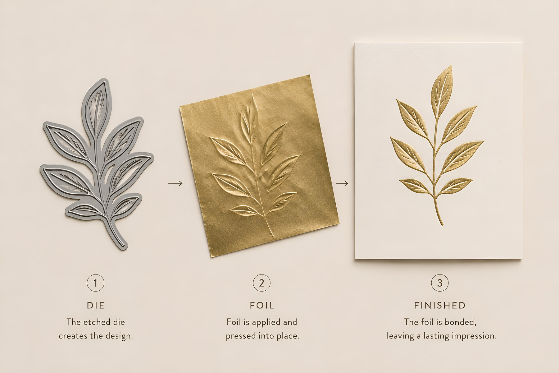 The three steps of foil stamping shown left to right: an etched metal die of a leafy branch, a sheet of gold foil pressed over it, and the finished card with the gold branch bonded into cotton stock.